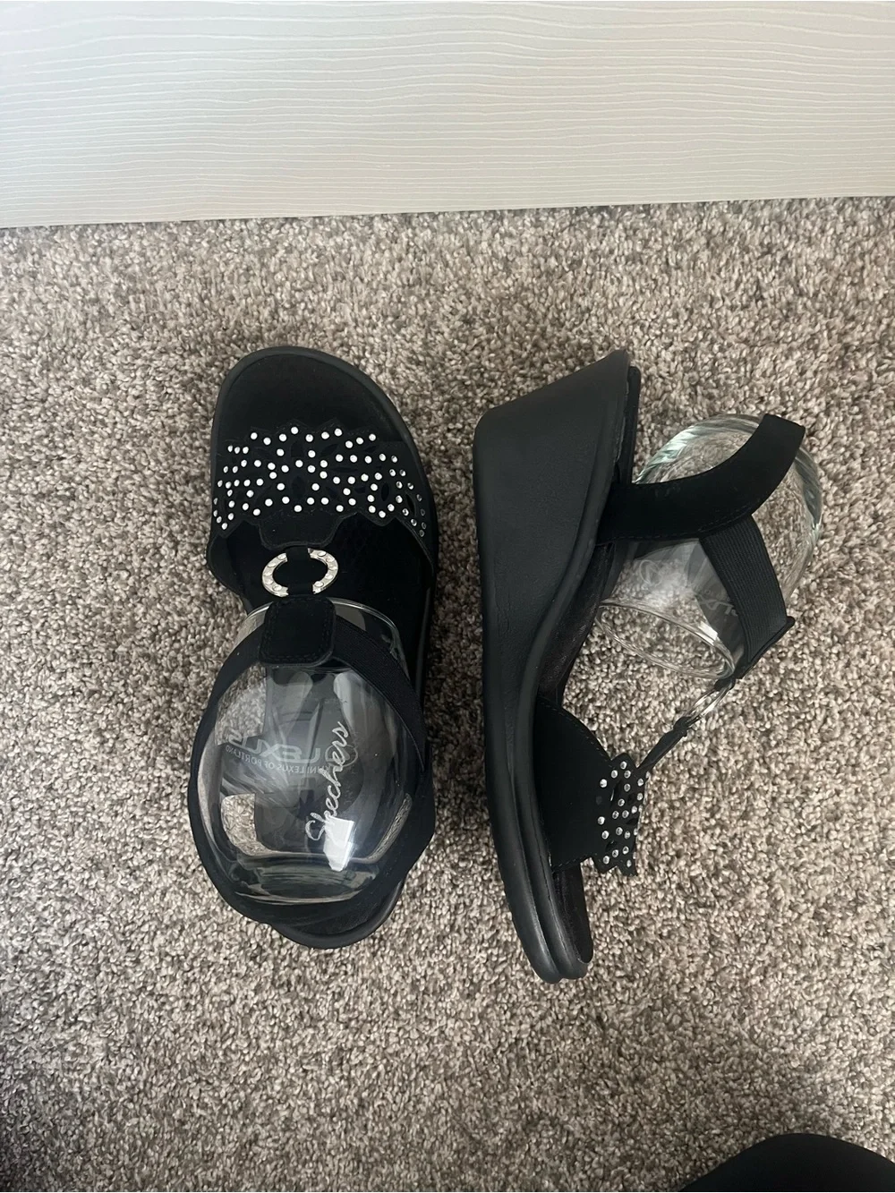 Skechers Black Wedge Sandals with Rhinestone Accents